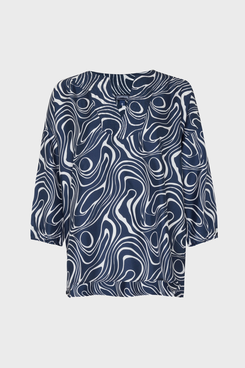 Blúzka Vilebrequin Twill De Soie Imprime Waves Bleu Marine