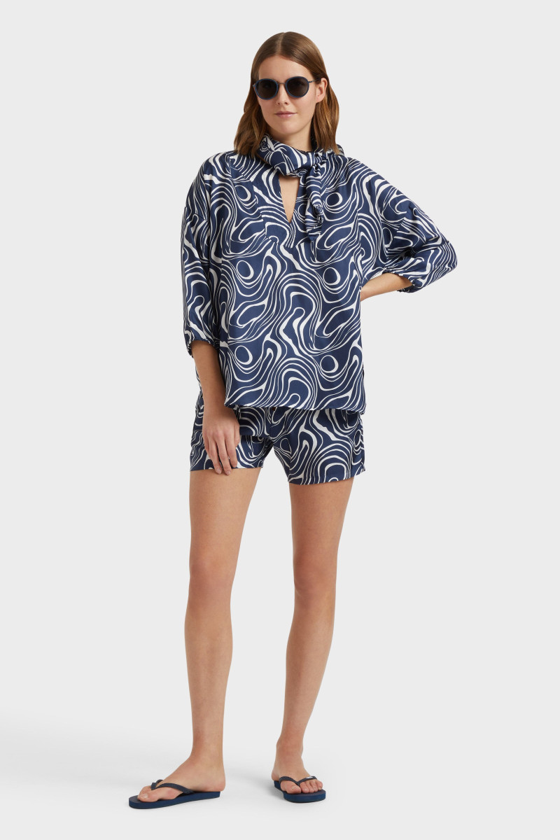 Blúzka Vilebrequin Twill De Soie Imprime Waves Bleu Marine