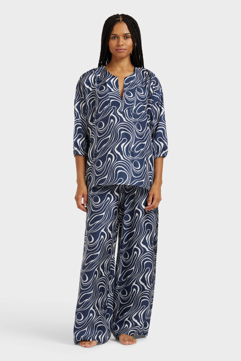 Nohavice Vilebrequin Twill De Soie Imprime Waves Bleu Marine