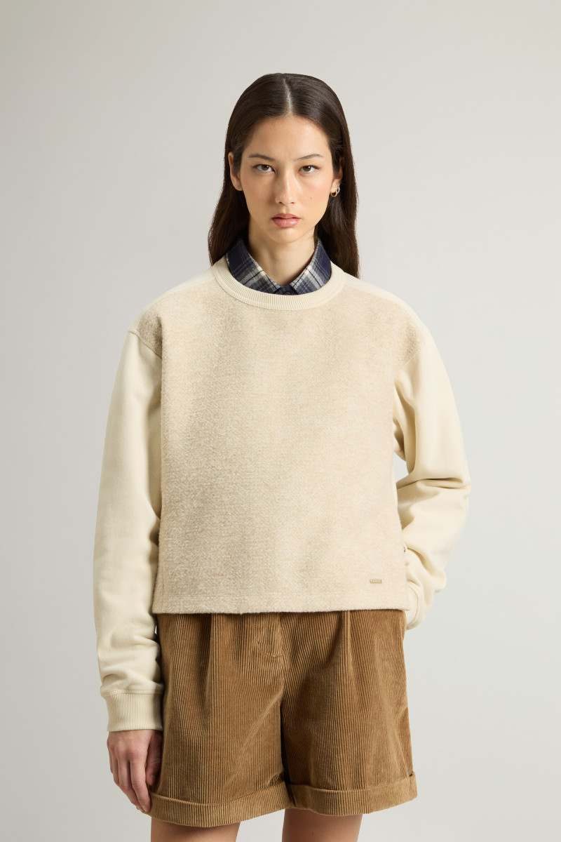 Melegítő Felső Woolrich Mixed Fleece Crewneck Beige Herringbone
