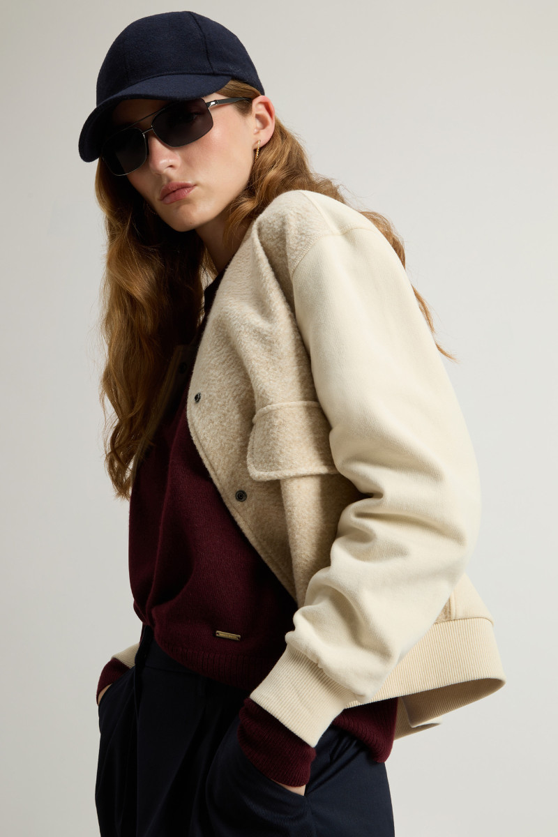 Mikina Woolrich Mixed Fleece Bomber Beige Herringbone