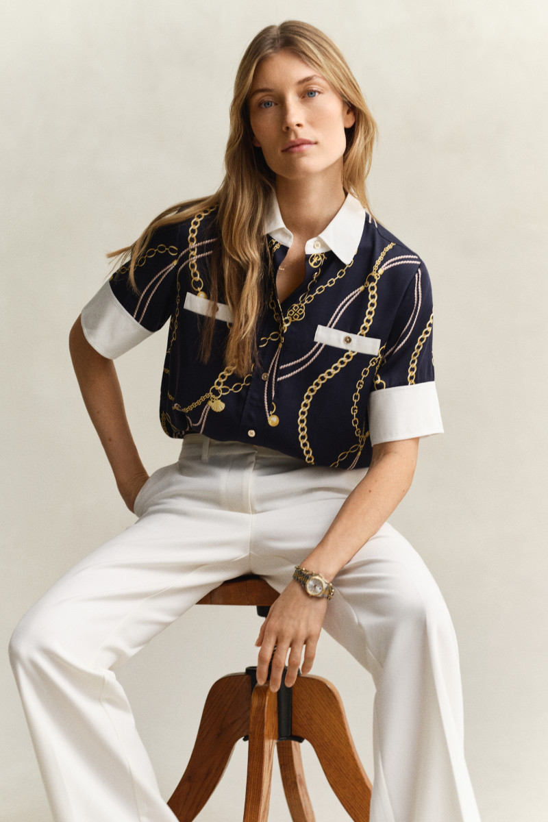 HALENKA GANT REG PRINTED CONTRAST SS BLOUSE EVENING BLUE