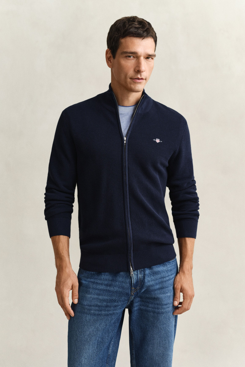 E-shop KARDIGÁN GANT MICRO TEXTURED COTTON ZIP CARDIGAN EVENING BLUE