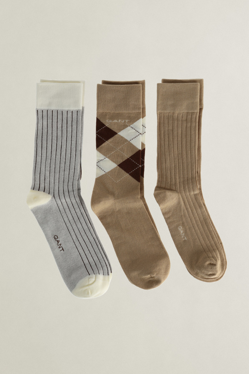 PONOŽKY GANT ARGYLE STRIPE AND RIB SOCKS 3-PACK DARK KHAKI