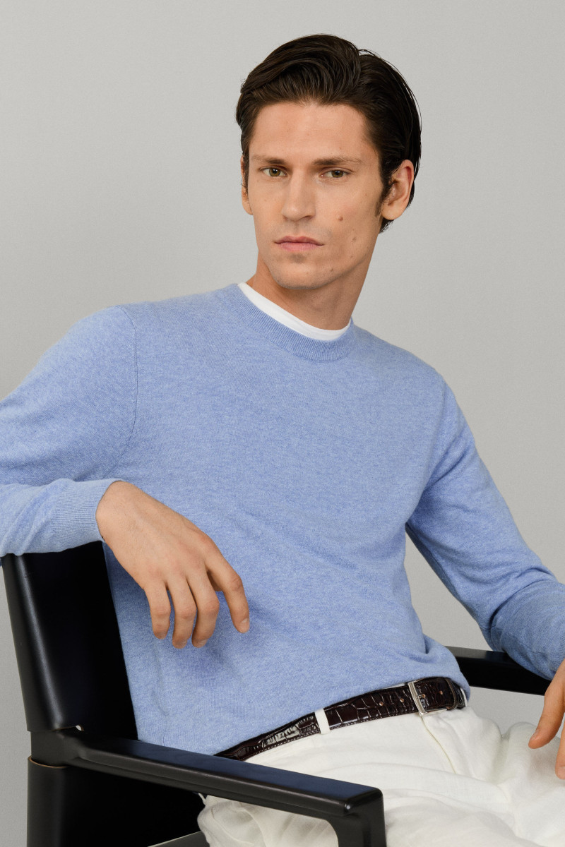 Sveter Hackett London Cotton Linen Crew Summer Blue