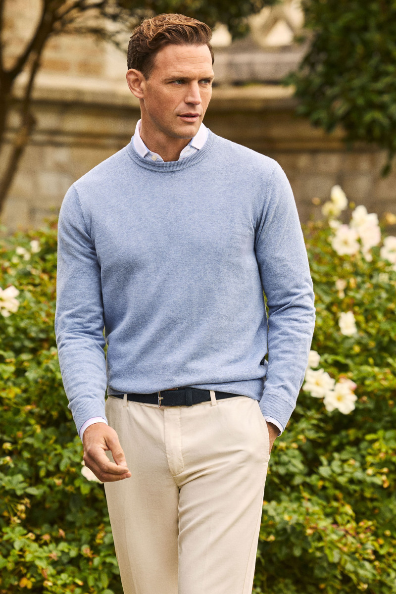 Sveter Hackett London Cotton Linen Crew Summer Blue