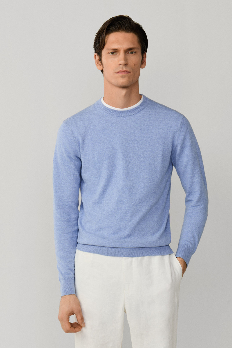Sveter Hackett London Cotton Linen Crew Summer Blue