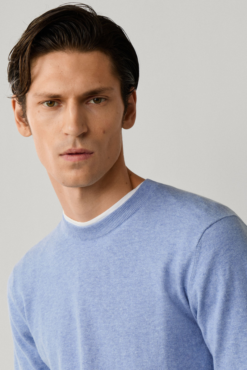 Sveter Hackett London Cotton Linen Crew Summer Blue