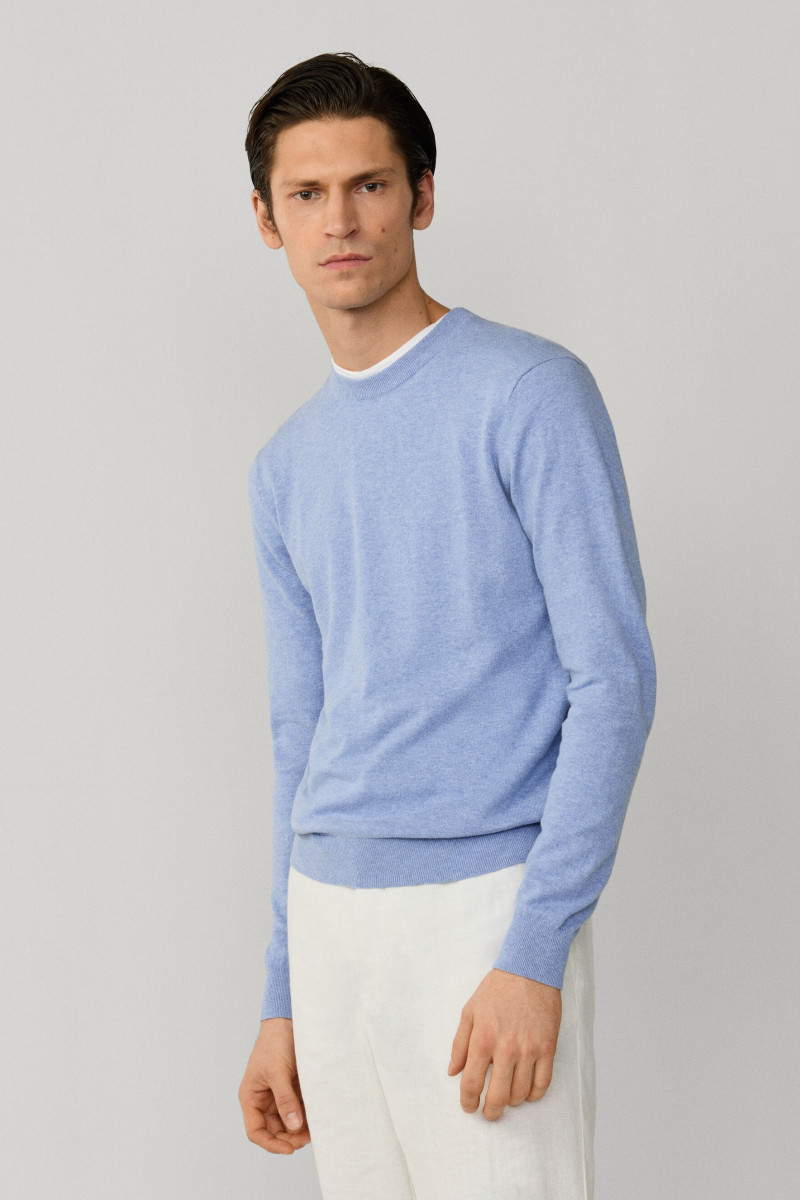Sveter Hackett London Cotton Linen Crew Summer Blue