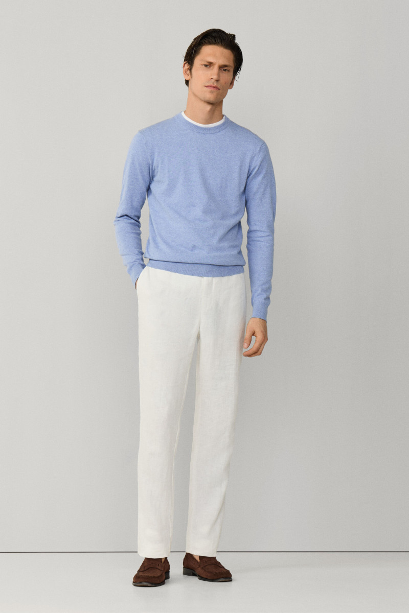Sveter Hackett London Cotton Linen Crew Summer Blue