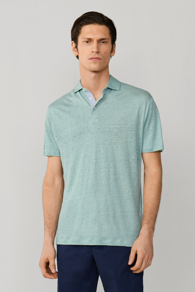 Polokošeľa Hackett London Linen Jsy Seersucker Menthol Green