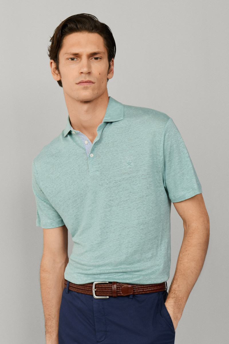 Polokošeľa Hackett London Linen Jsy Seersucker Menthol Green