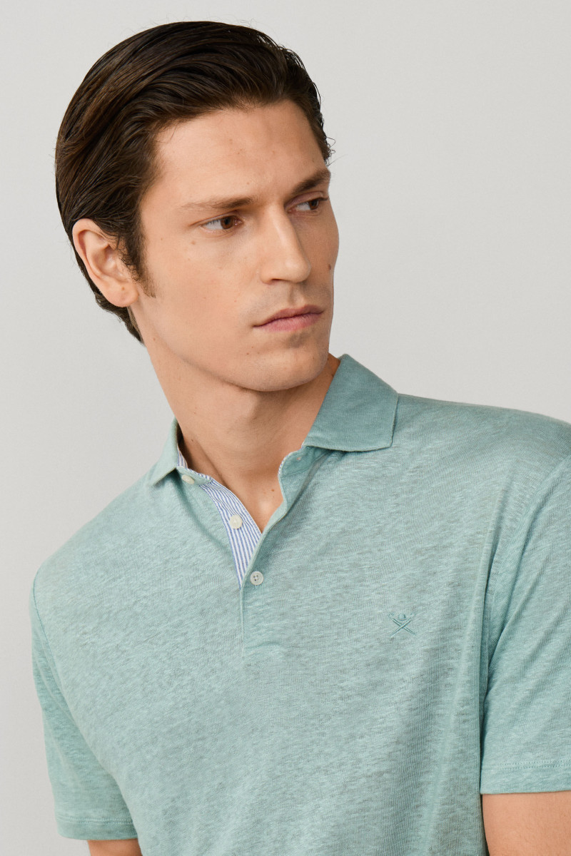 Polokošeľa Hackett London Linen Jsy Seersucker Menthol Green