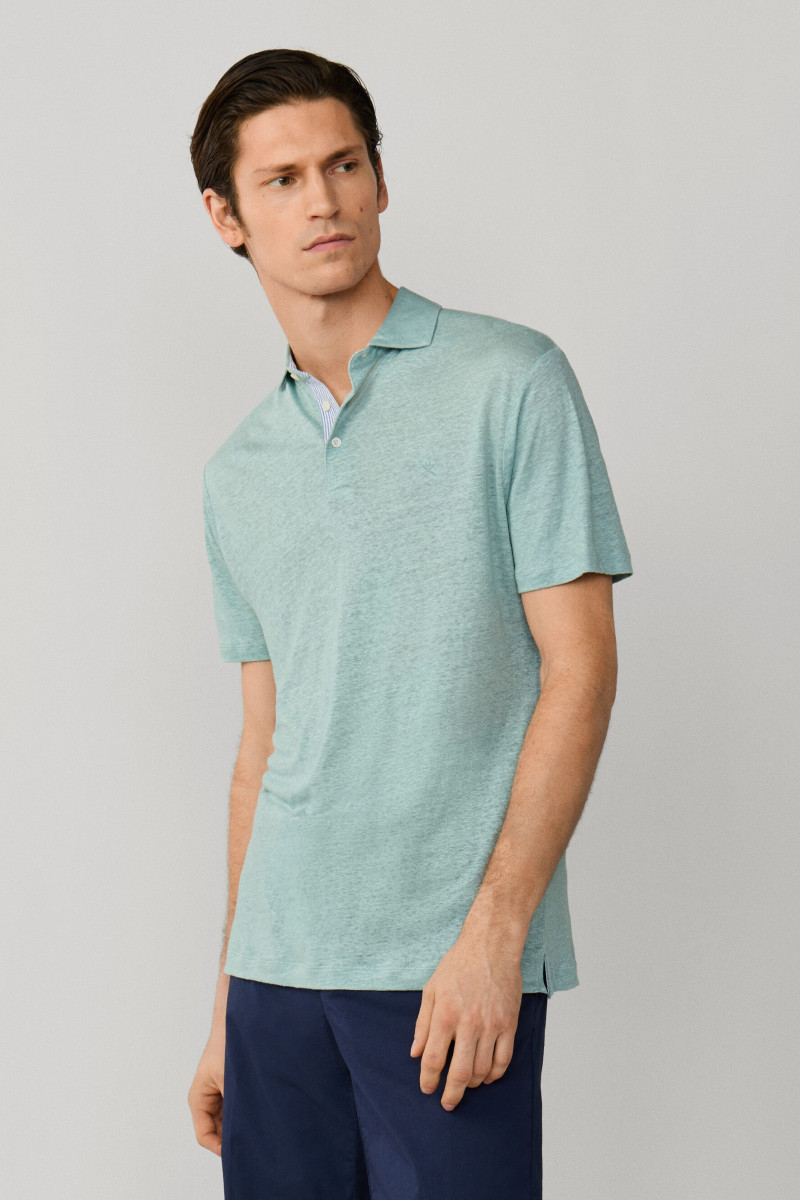 Polokošeľa Hackett London Linen Jsy Seersucker Menthol Green