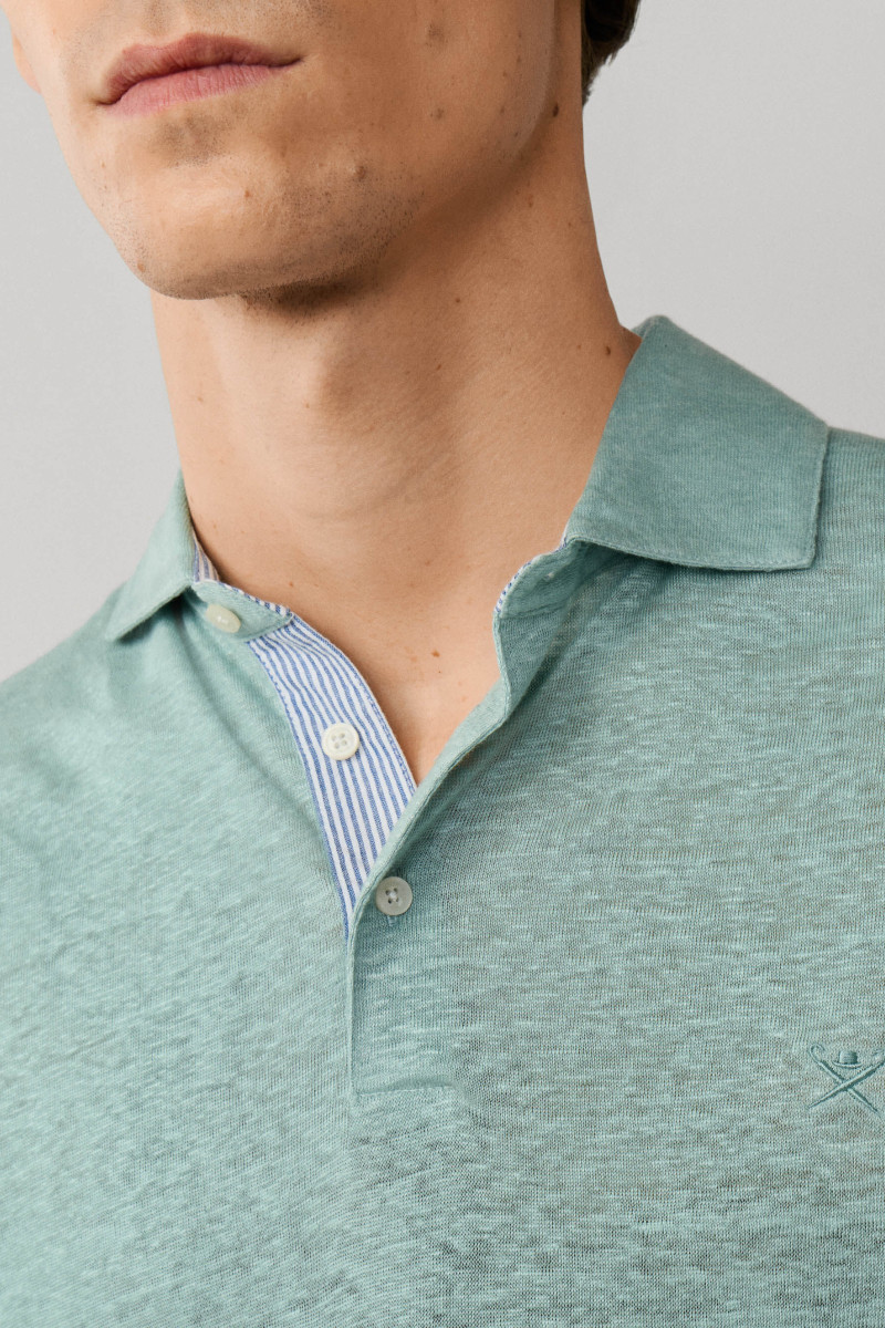 Polokošeľa Hackett London Linen Jsy Seersucker Menthol Green