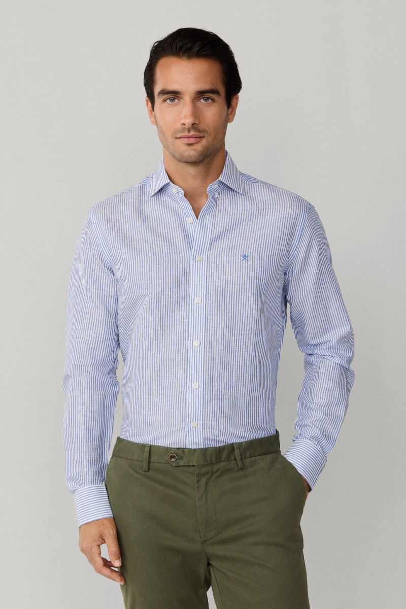 Košeľa Hackett London Ess Linen Bengal Electric Blue