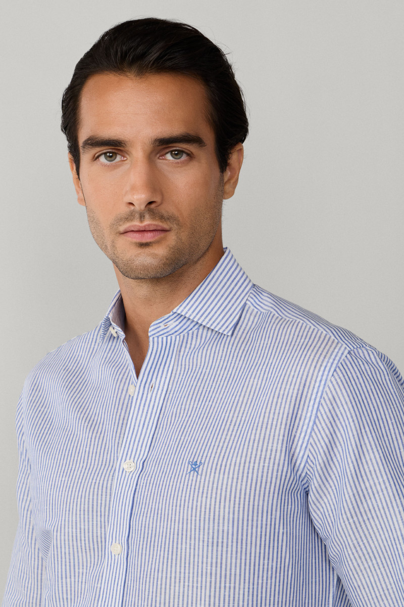 Košeľa Hackett London Ess Linen Bengal Electric Blue