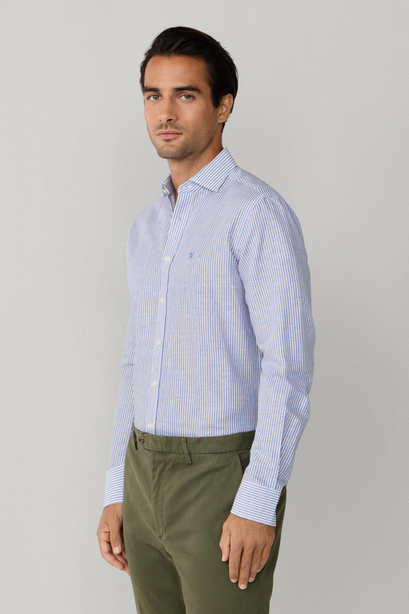 Košeľa Hackett London Ess Linen Bengal Electric Blue