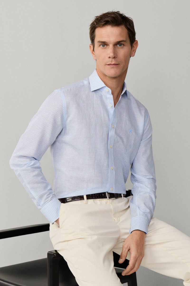 Košeľa Hackett London Ess Linen Bengal Oxford Blue