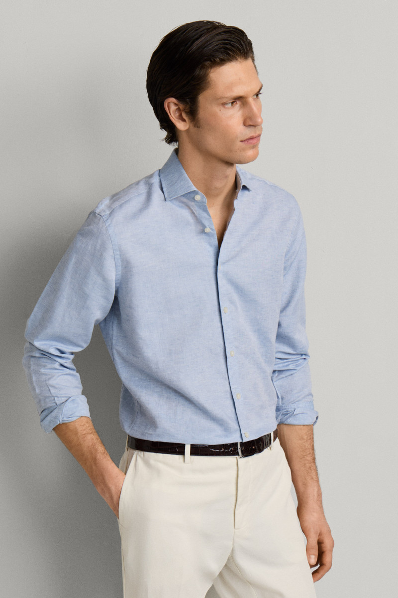 Košeľa Hackett London Cot Lin Solid Summer Blue