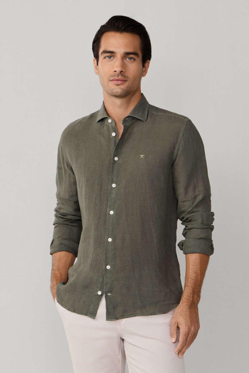 Košeľa Hackett London Ess Gmd Linen Kent Army Green