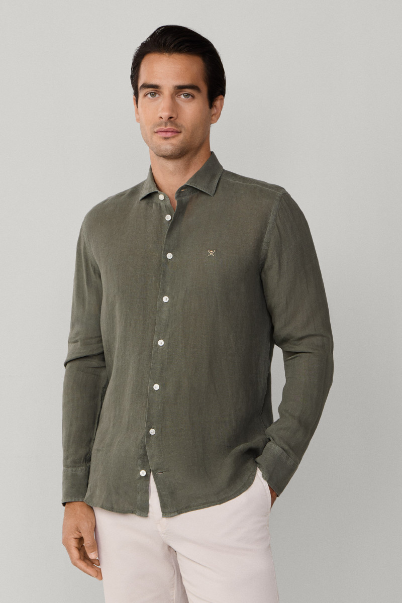 Košeľa Hackett London Ess Gmd Linen Kent Army Green