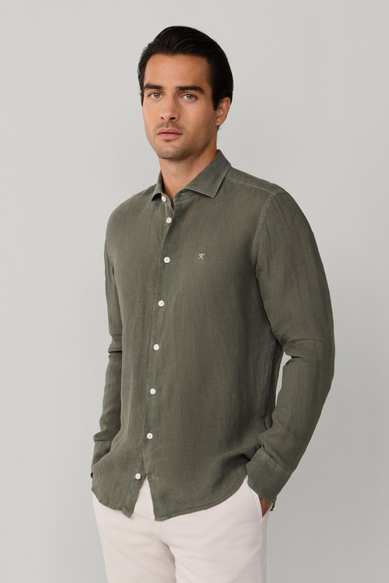 Košeľa Hackett London Ess Gmd Linen Kent Army Green