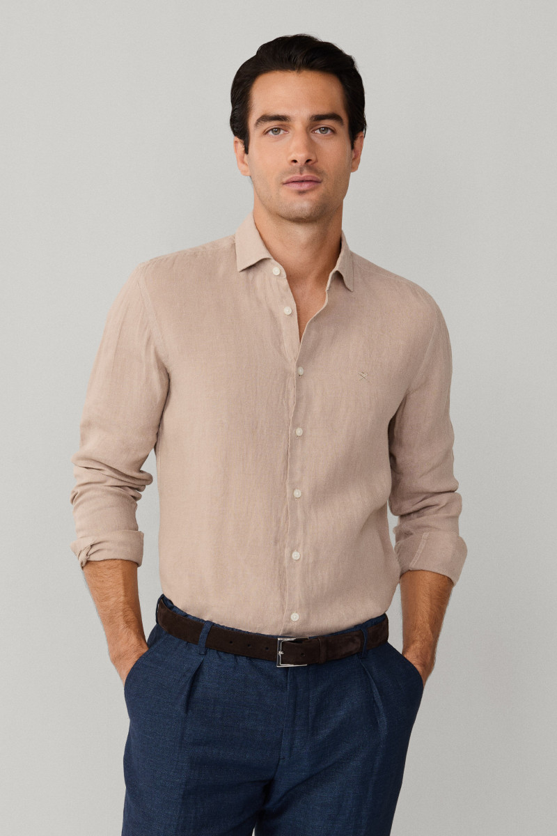 Košeľa Hackett London Ess Gmd Linen Kent Taupe Beige