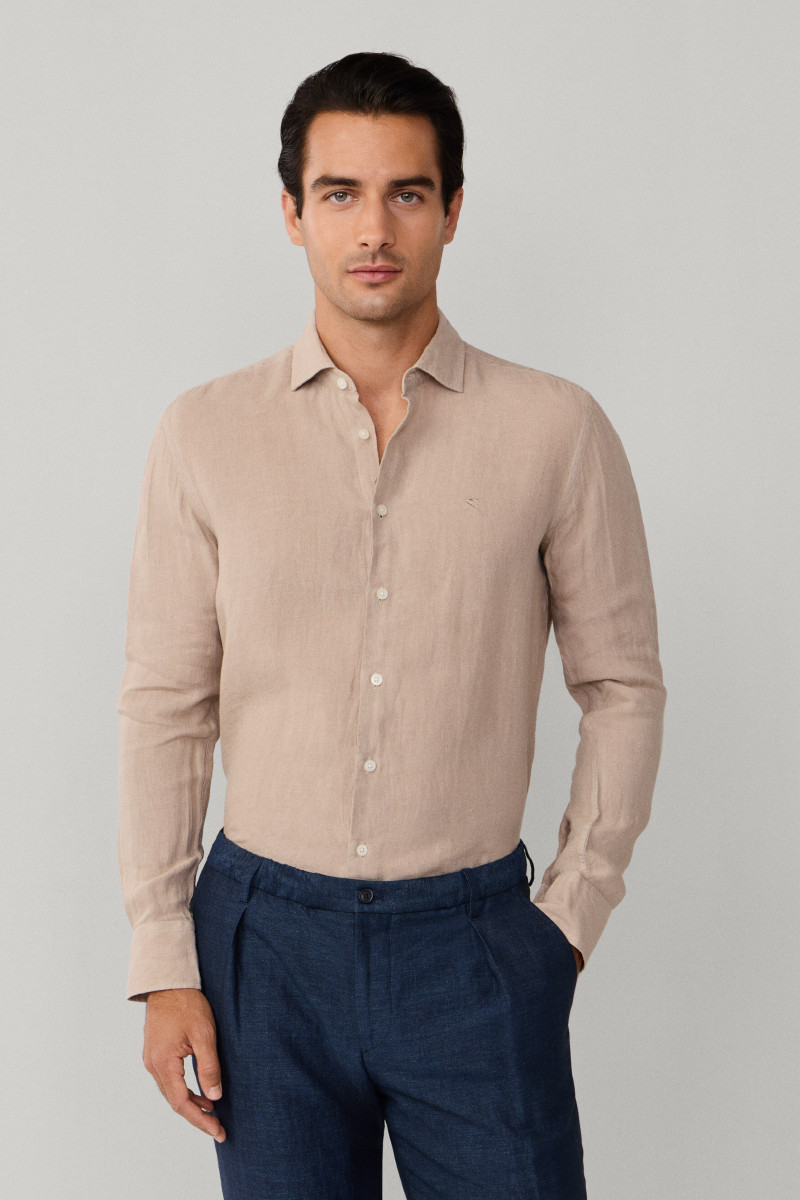 Košeľa Hackett London Ess Gmd Linen Kent Taupe Beige