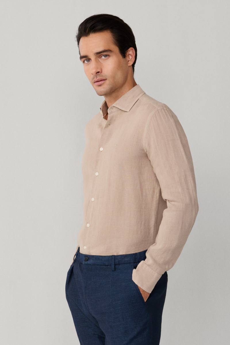 Košeľa Hackett London Ess Gmd Linen Kent Taupe Beige