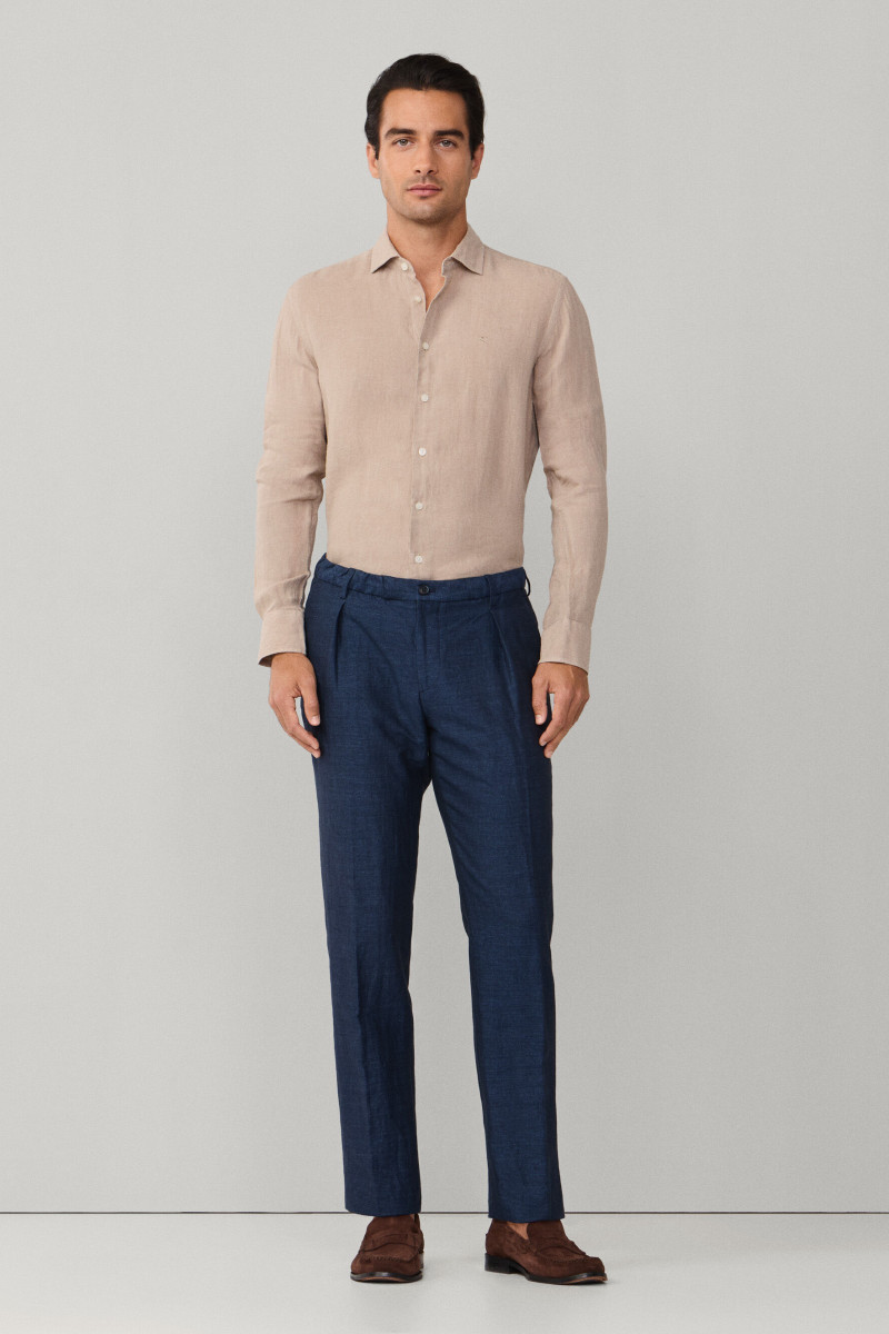 Košeľa Hackett London Ess Gmd Linen Kent Taupe Beige