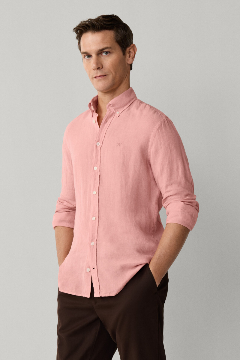 Košeľa Hackett London Ess Gmd Linen Brpt Dark Blush Pink