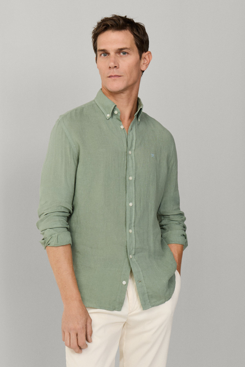 Košeľa Hackett London Ess Gmd Linen Brpt Sage Green