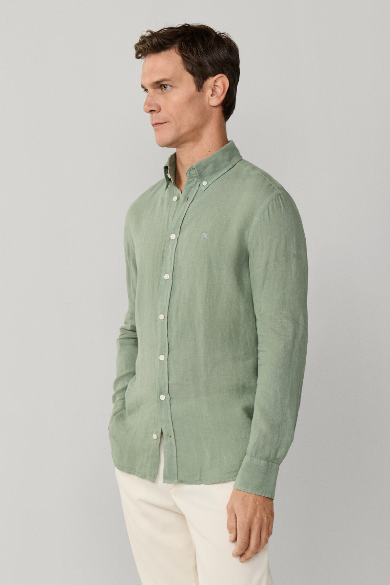 Košeľa Hackett London Ess Gmd Linen Brpt Sage Green
