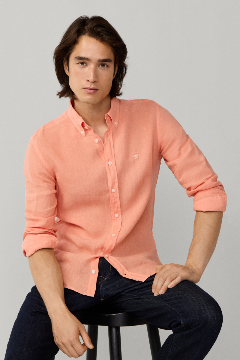 Košeľa Hackett London Ess Gmd Linen Brpt Sunset Orange
