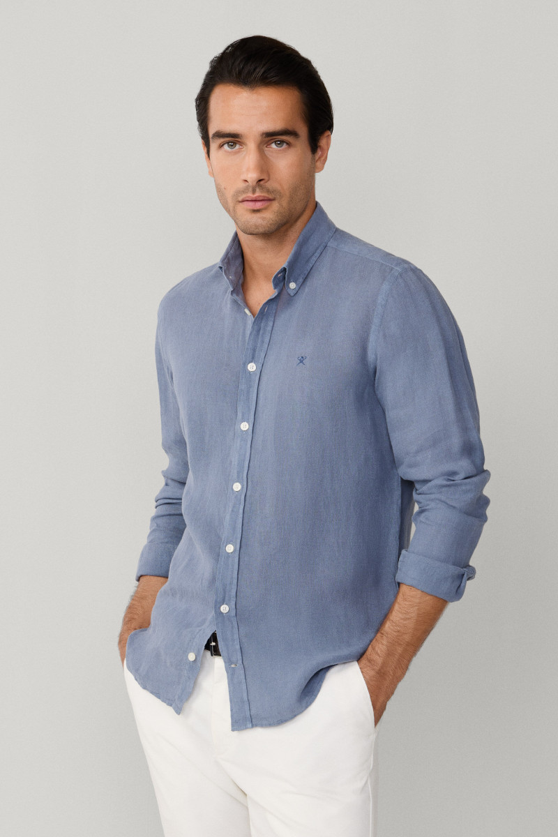 Košeľa Hackett London Ess Gmd Linen Brpt Thames Blue
