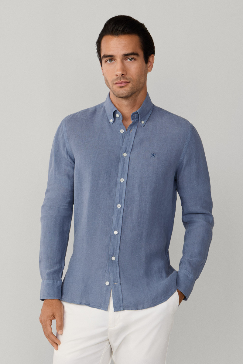 Košeľa Hackett London Ess Gmd Linen Brpt Thames Blue