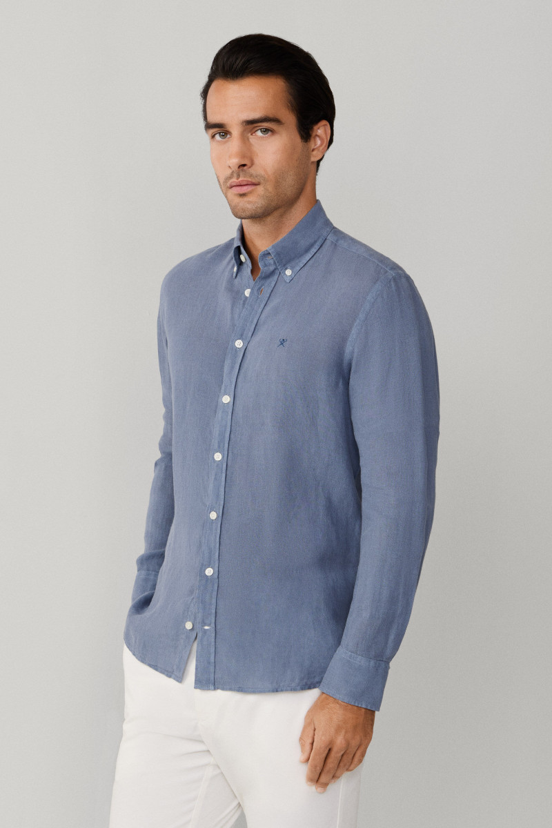 Košeľa Hackett London Ess Gmd Linen Brpt Thames Blue