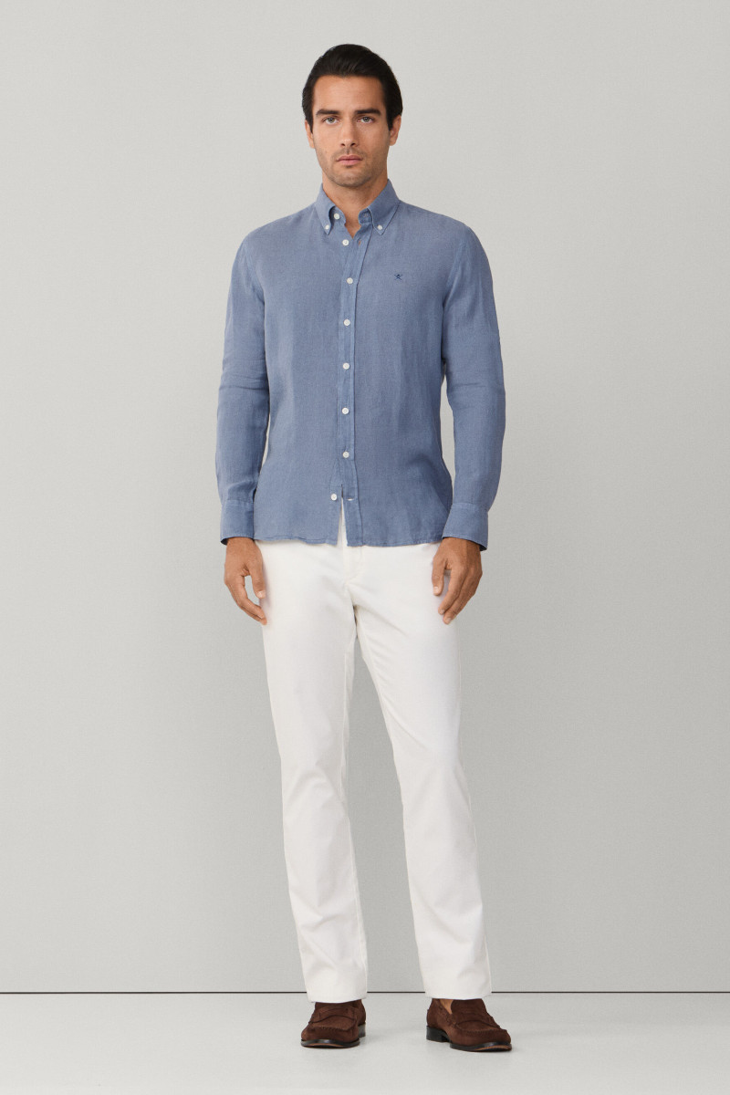 Košeľa Hackett London Ess Gmd Linen Brpt Thames Blue