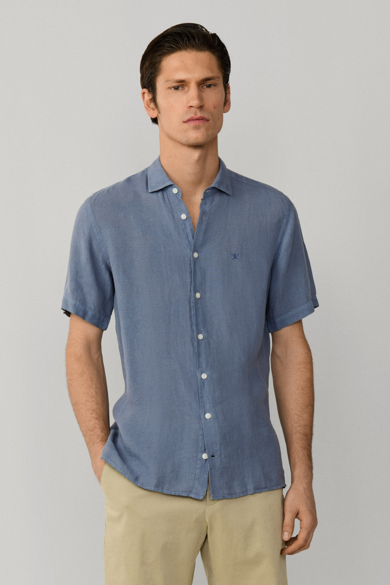 Košeľa Hackett London Gmd Linen Ss Thames Blue
