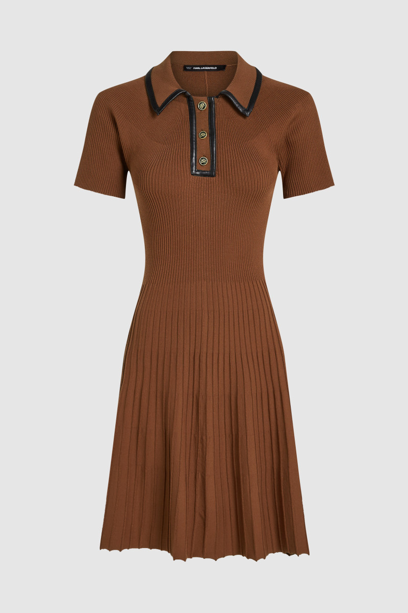 Šaty Karl Lagerfeld Faux Leather Detail Knit Dress Friar Brown