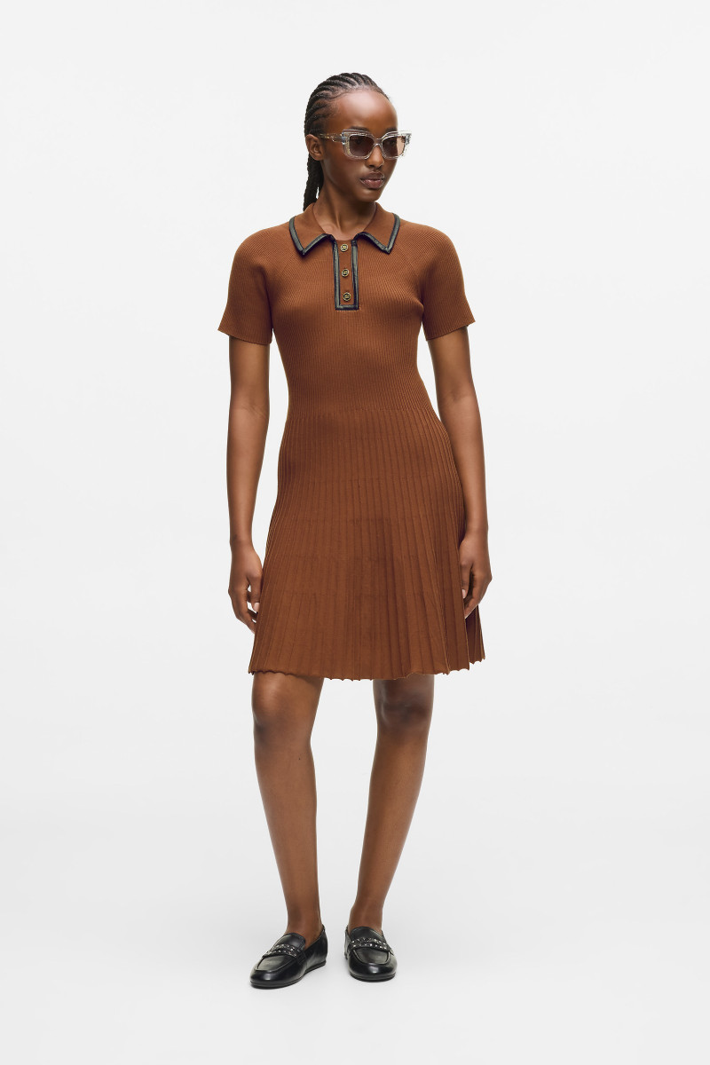 ATY KARL LAGERFELD FAUX LEATHER DETAIL KNIT DRESS FRIAR BROWN | VERMONT SK