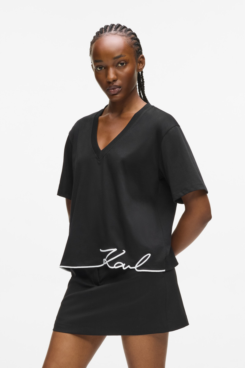 Póló Karl Lagerfeld Signature Hem V-Neck T-Shirt Black