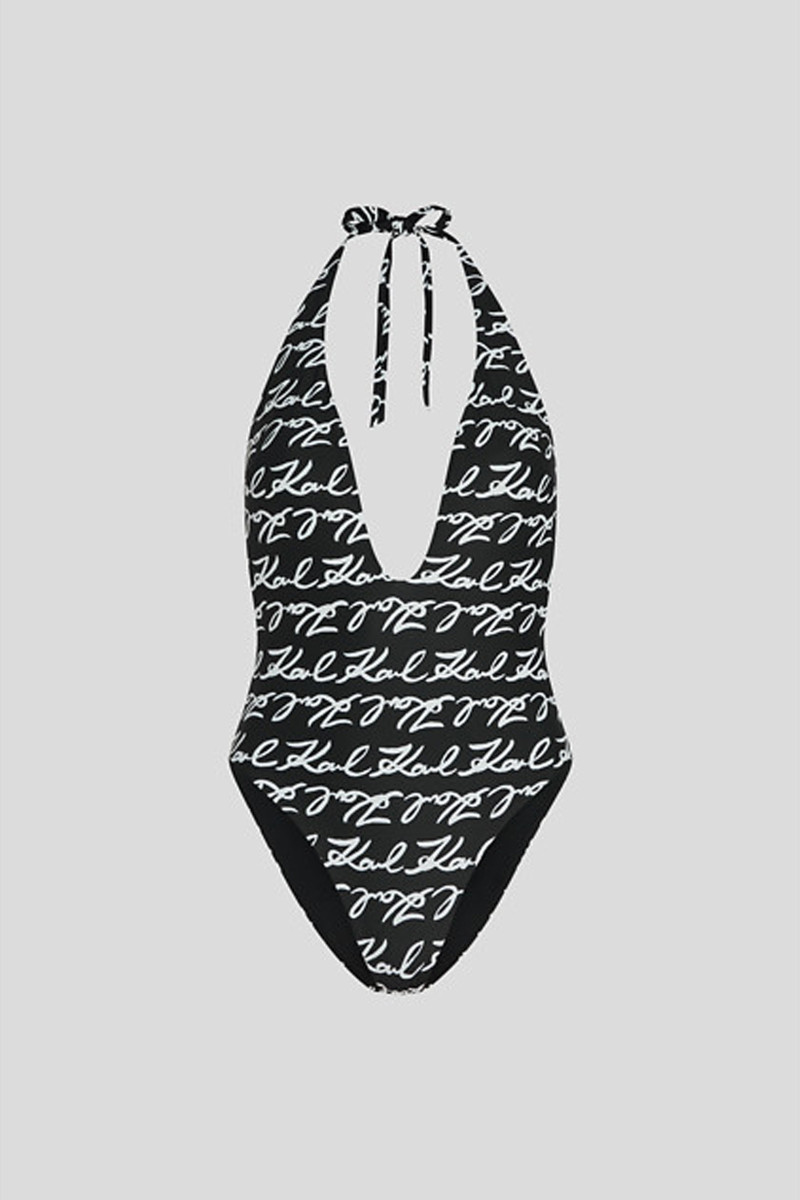 Fürdőruha Karl Lagerfeld Karl Signature Aop Cheeky Ss Signature-Aop-Black