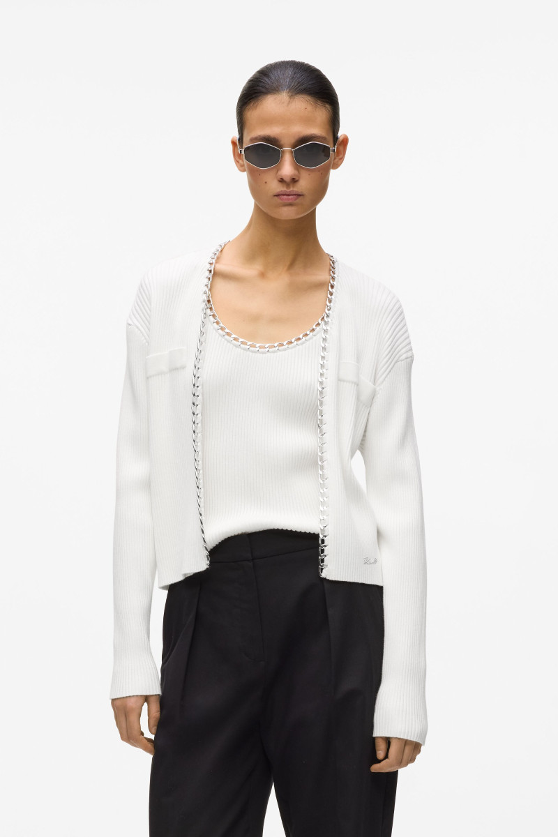 Sveter Karl Lagerfeld Chain Detail Knit Cardigan White