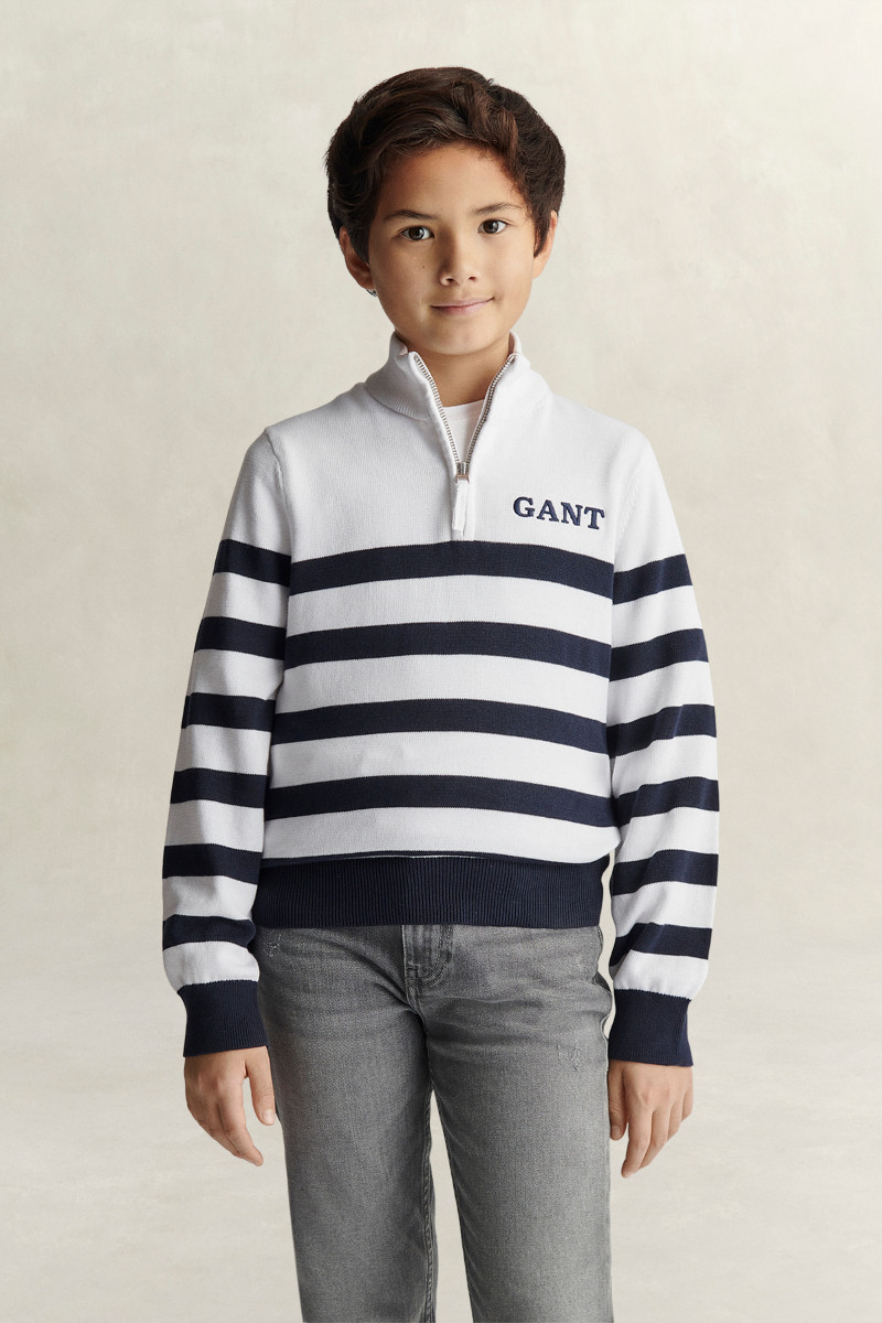 SVETER GANT KNITTED BRETON STRIPE ZIP FUNNEL WHITE