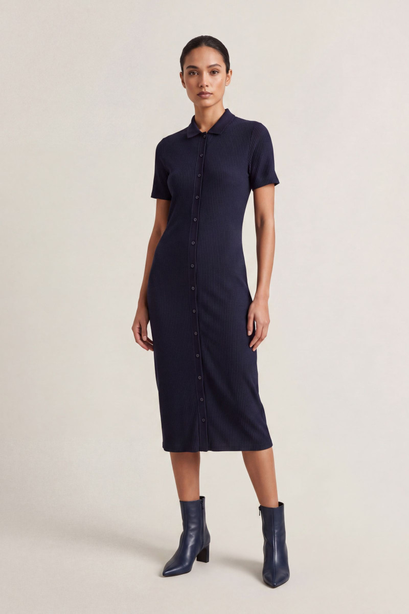 ŠATY GANT SLIM RIBBED SS JERSEY POLO DRESS EVENING BLUE