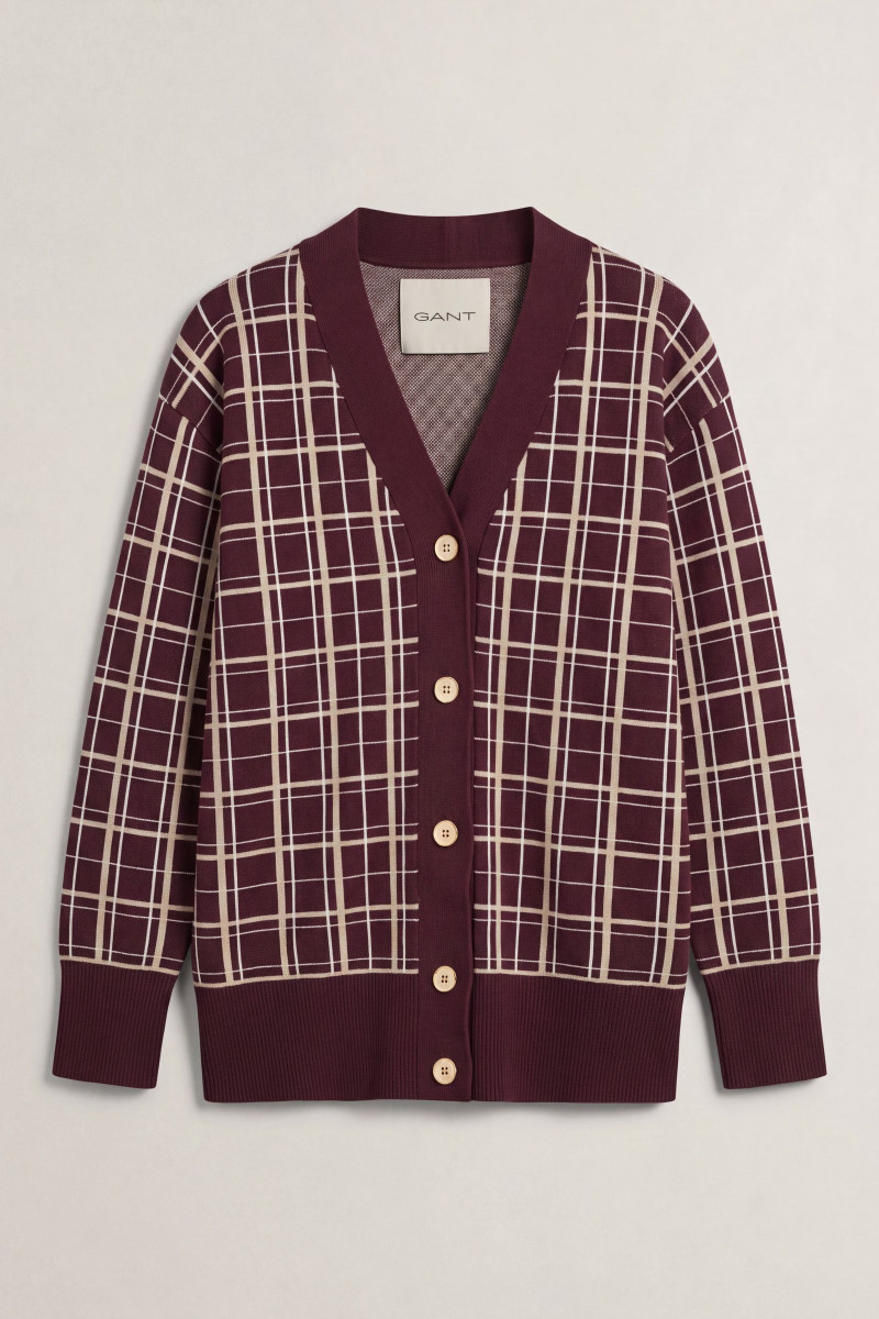 SVETER GANT CHECKED KNIT CARDIGAN DARKENED WINE