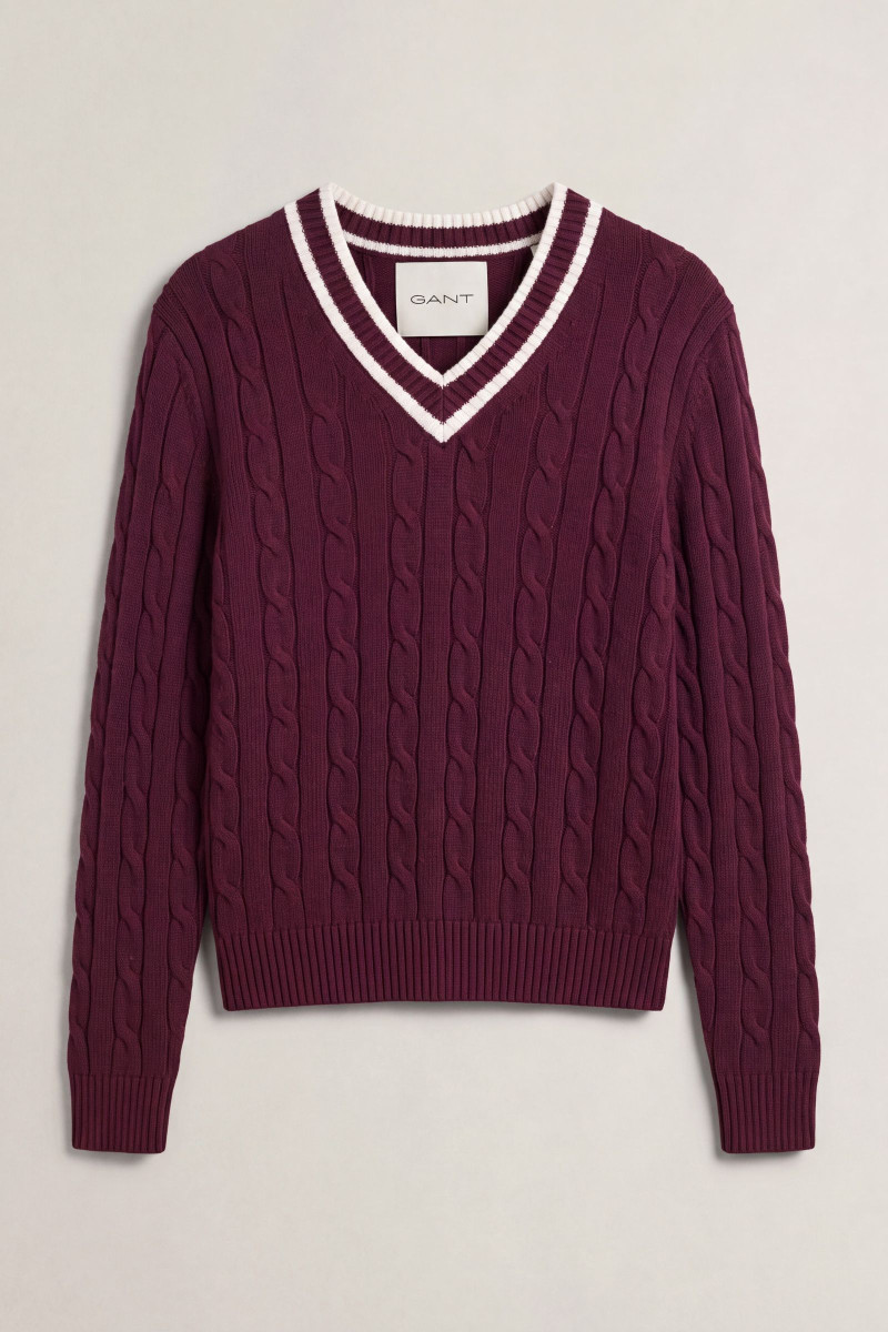 SVETER GANT MERINO WOOL CABLE CONTRAST V-NECK DARKENED WINE