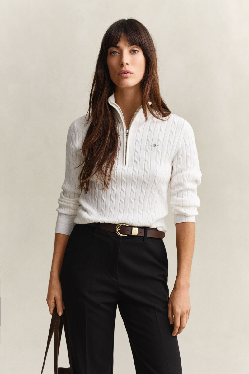 SVETER GANT STRETCH COTTON CABLE HALF-ZIP EGGSHELL